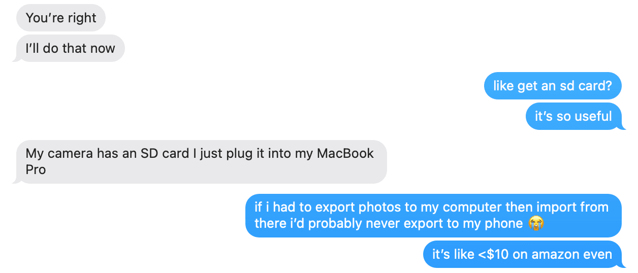 iMessage conversation about SD card readers