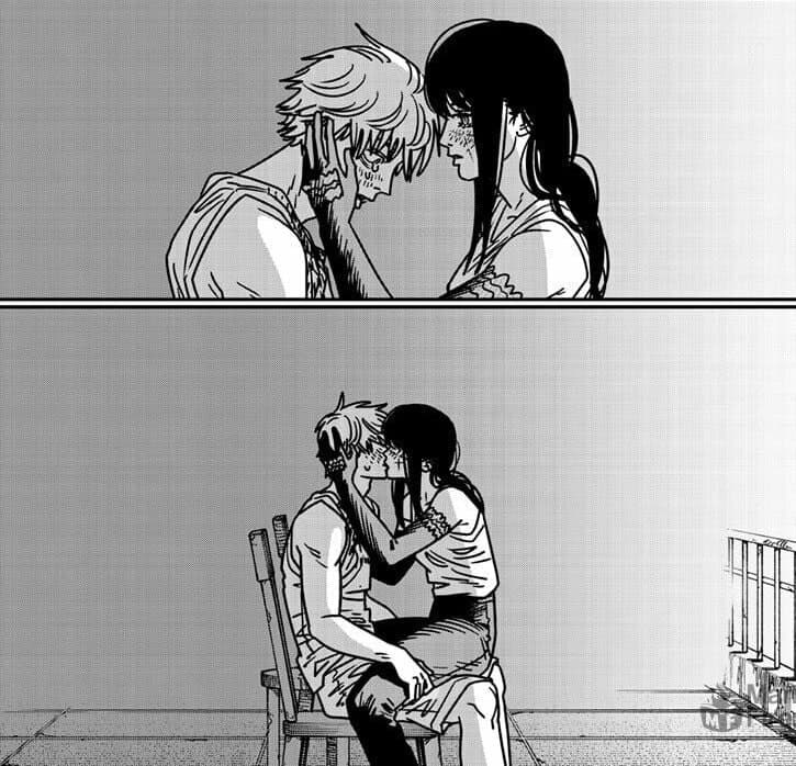 I like panels without text. They feel emotionally charged. I feel like I can feel Denji's
defeat here. He's never been good at exercising autonomy. He's been trying to though. Yoru physically
props his head up to kiss him. In a defeated moment, he acts again like a dog.