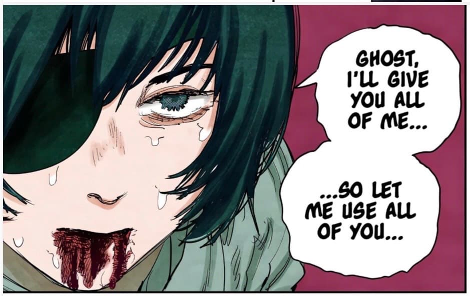 This is such an important scene for building the world of CSM, contracts, and human
relationships. We know contracts can be made with anything you have - skin, hair, lifespan, etc. But
this is the first time such an intense contract is made. The resolve to give absolutely everything
you have to save the one you love, sacrificing the most precious thing you have... I also thought it
was cool because it contrasts with Makima. Himeno sacrifices her life, her everything to hold one
attack the Gun agents had. Makima basically cripples the team all the way from Kyoto.